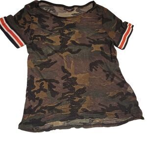 Discreet Womens Brown Red Camouflage Short Sleeve Casual Blouse Top Size Medium